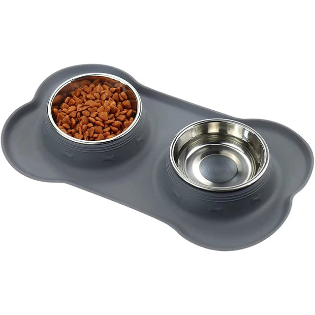 Anti-Slip Double Dog Bowl | Stainless Steel | Silicone Mat Base | Food & Water Feeder | Woofing Deals