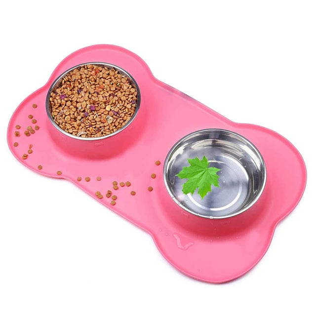 Anti-Slip Double Dog Bowl | Stainless Steel | Silicone Mat Base | Food & Water Feeder | Woofing Deals