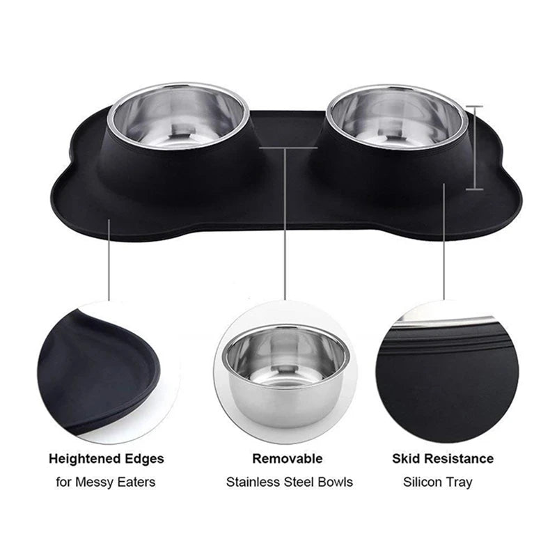 Anti-Slip Double Dog Bowl | Stainless Steel | Silicone Mat Base | Food & Water Feeder | Woofing Deals