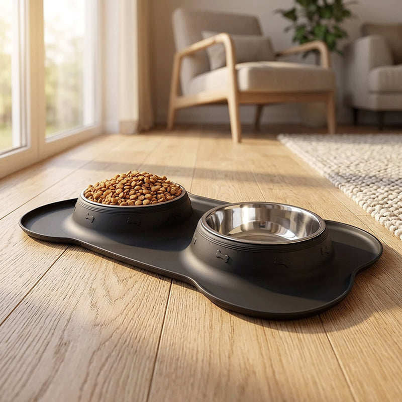 Anti-Slip Double Dog Bowl | Stainless Steel | Silicone Mat Base | Food & Water Feeder | Woofing Deals