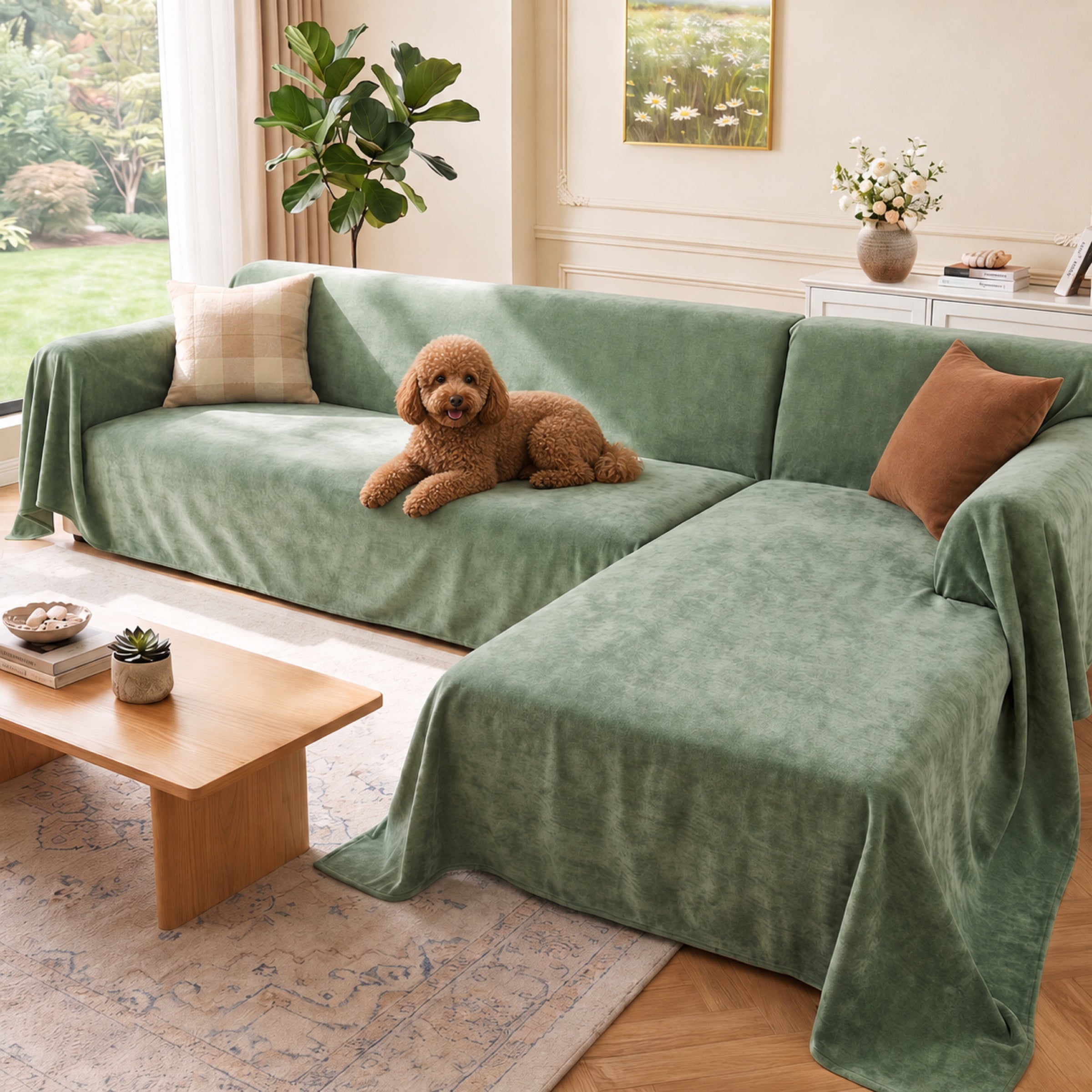 Brown poodle resting on a green waterproof scratch-resistant corner couch cover in a bright living room
