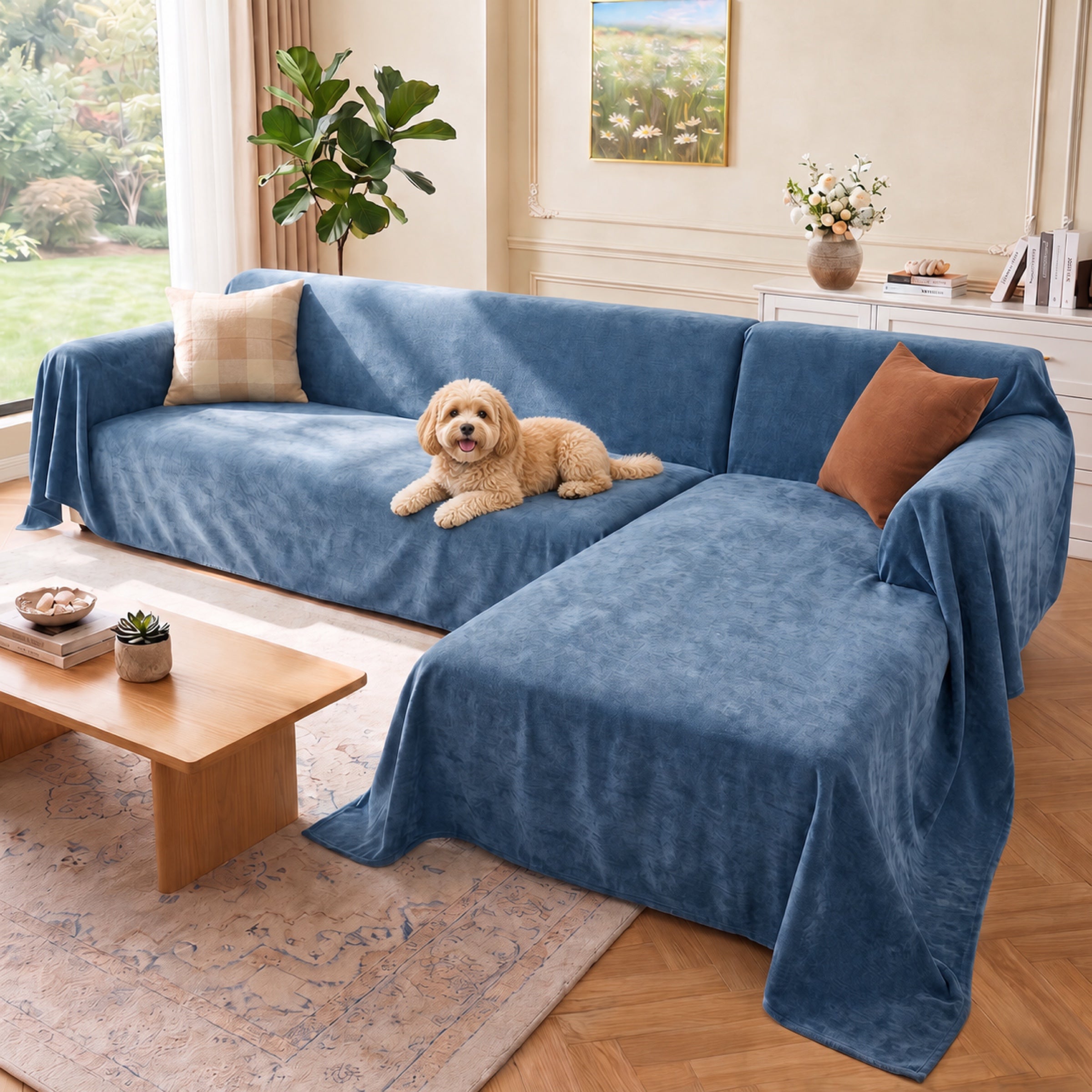 Cute fluffy dog resting on a blue waterproof scratch-resistant corner couch cover in a bright living room