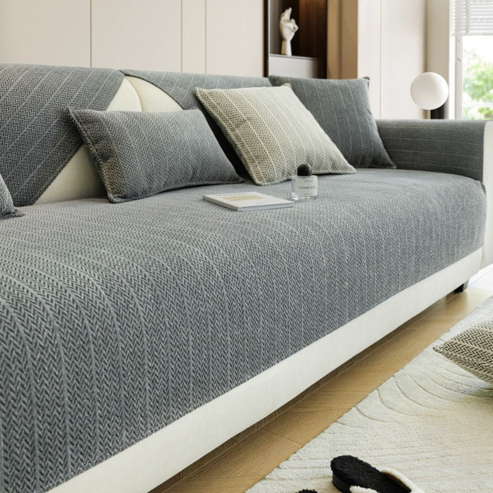 Solid Colour Chenille Sofa Cover | Anti-Scratch Herringbone Couch Protector | Durable | Woofing Deals