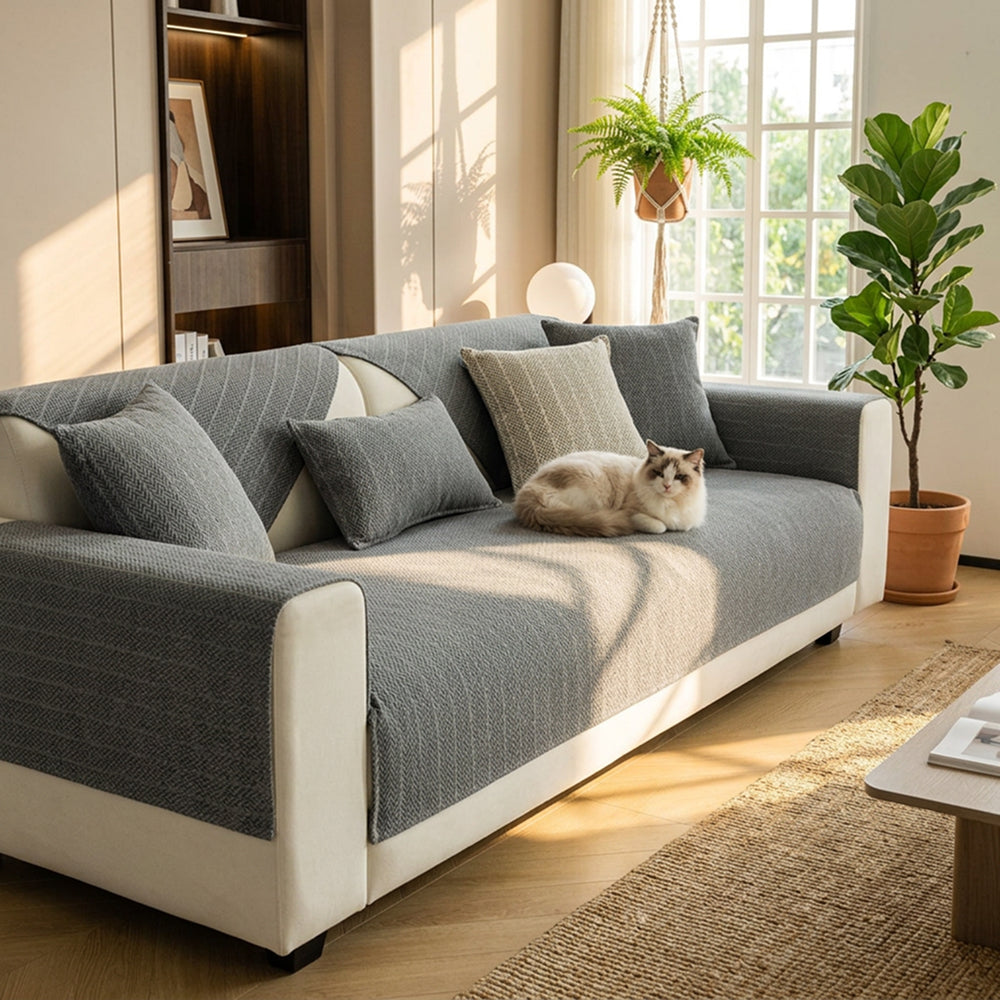 Solid Colour Chenille Sofa Cover | Anti-Scratch Herringbone Couch Protector | Durable | Woofing Deals