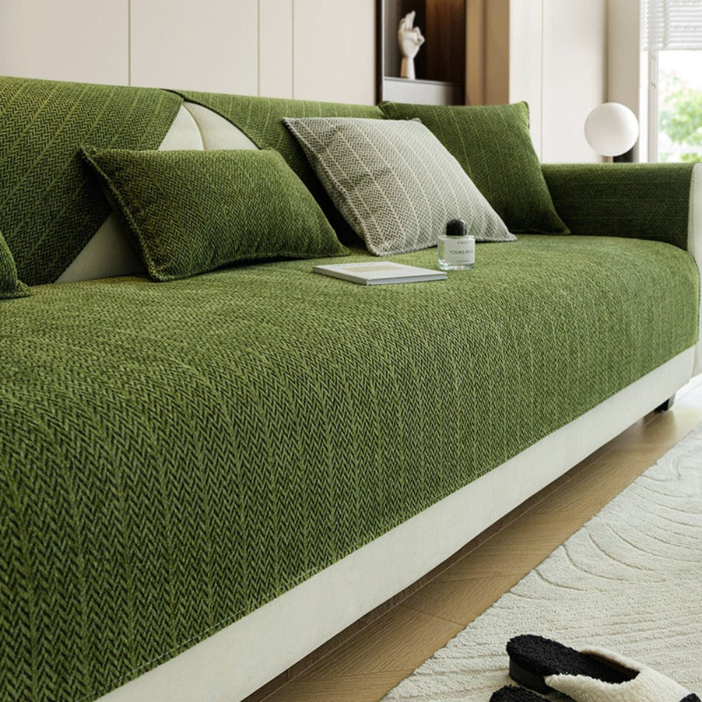Solid Colour Chenille Sofa Cover | Anti-Scratch Herringbone Couch Protector | Durable | Woofing Deals