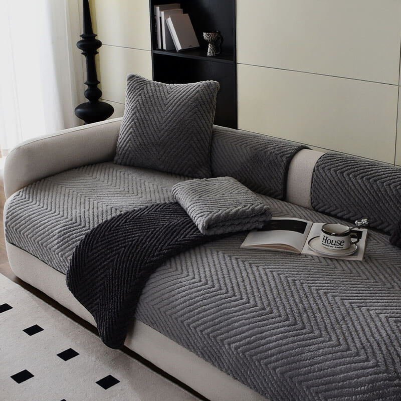 Thickened Plush Herringbone Sofa Cover | Non-Slip Pet-Proof Couch Protector | Machine Washable | Woofing Deals
