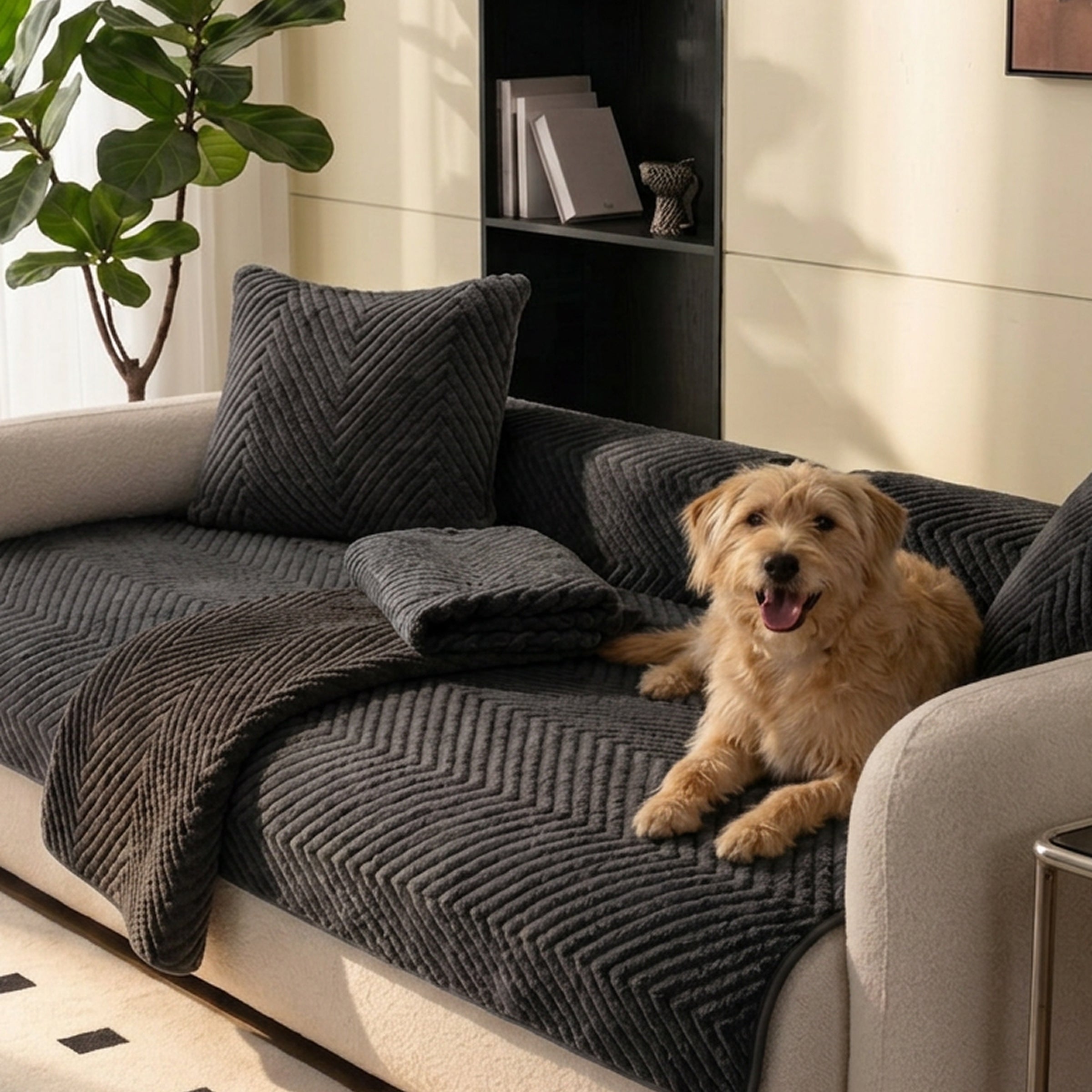 Thickened Plush Herringbone Sofa Cover | Non-Slip Pet-Proof Couch Protector | Machine Washable | Woofing Deals