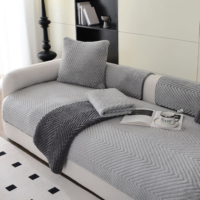 Thickened Plush Herringbone Sofa Cover | Non-Slip Pet-Proof Couch Protector | Machine Washable | Woofing Deals