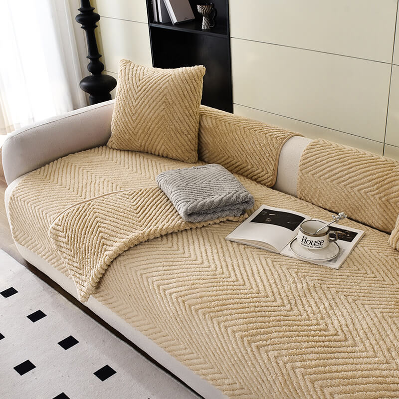 Thickened Plush Herringbone Sofa Cover | Non-Slip Pet-Proof Couch Protector | Machine Washable | Woofing Deals
