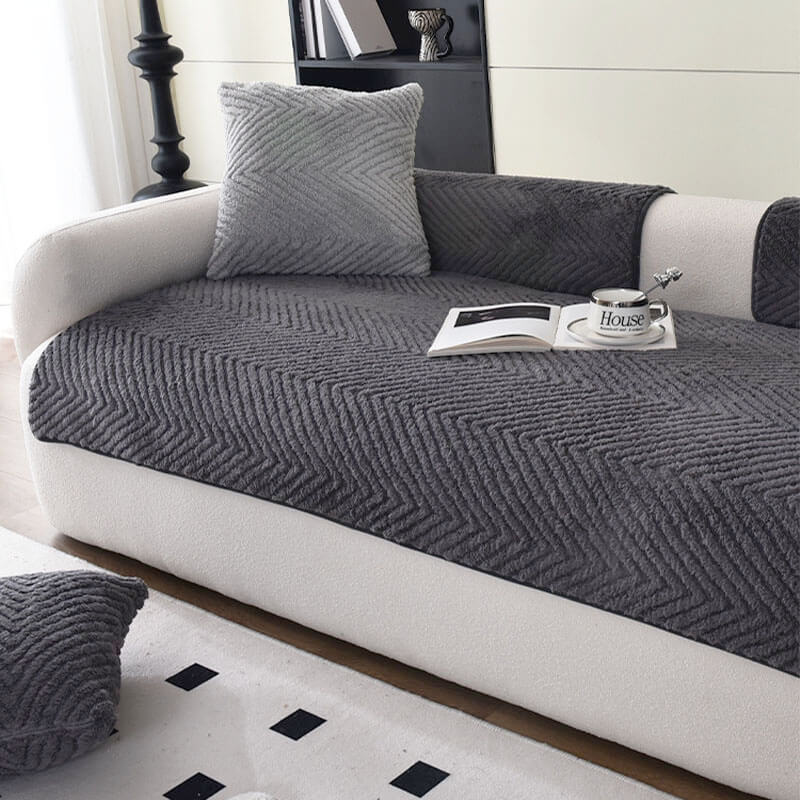 Thickened Plush Herringbone Sofa Cover | Non-Slip Pet-Proof Couch Protector | Machine Washable | Woofing Deals
