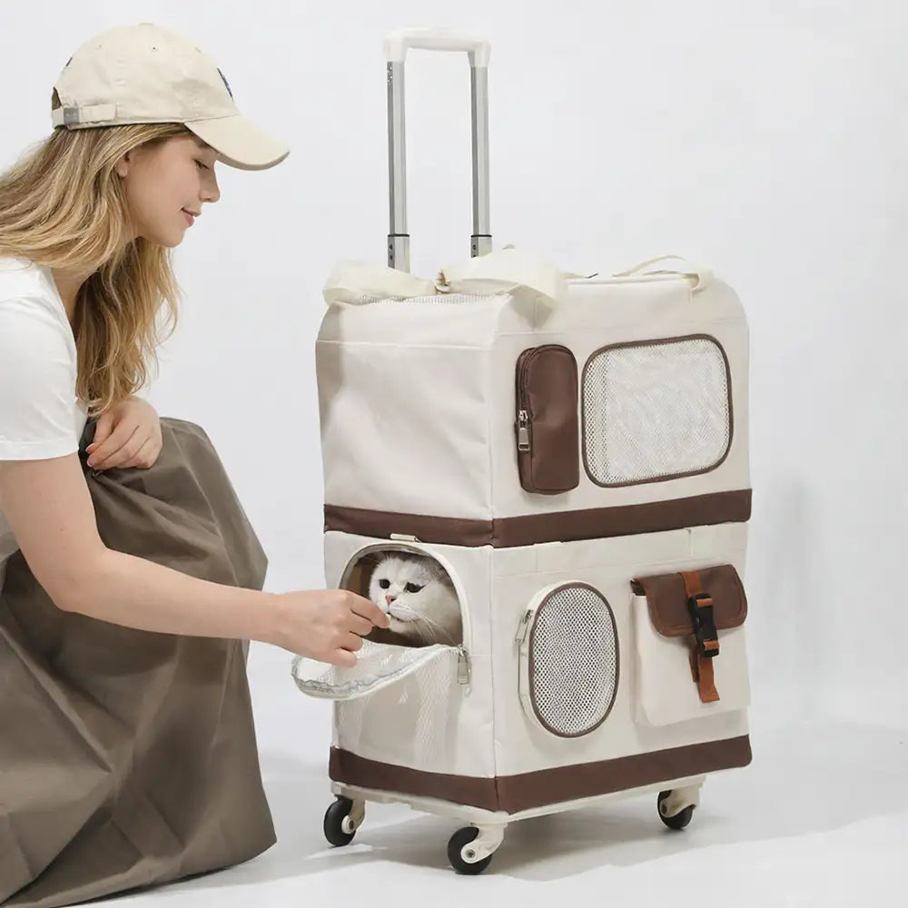 Double-Layer Cat Carrier | Foldable Rolling Trolley Bag | Oxford Cloth | Woofing Deals