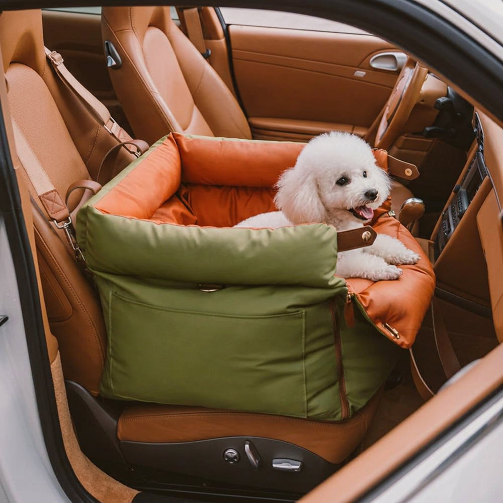 Deluxe Dog Car Seat Booster Bed | Faux Leather | Waterproof | Safety Strap Travel Seat | Woofing Deals