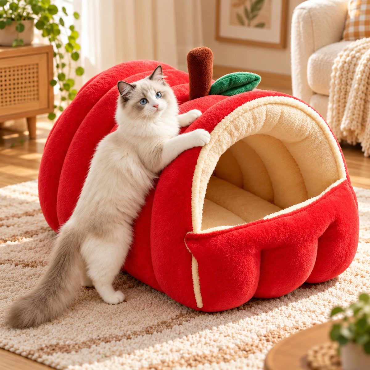 Cat Bed | Snuggle Buddies Plush Cave | Support Rods & Fold-Down Front
