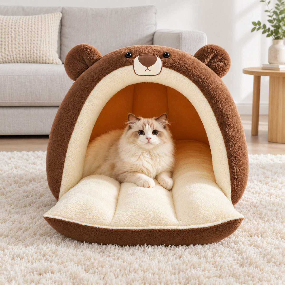 Cat Bed | Snuggle Buddies Plush Cave | Support Rods & Fold-Down Front