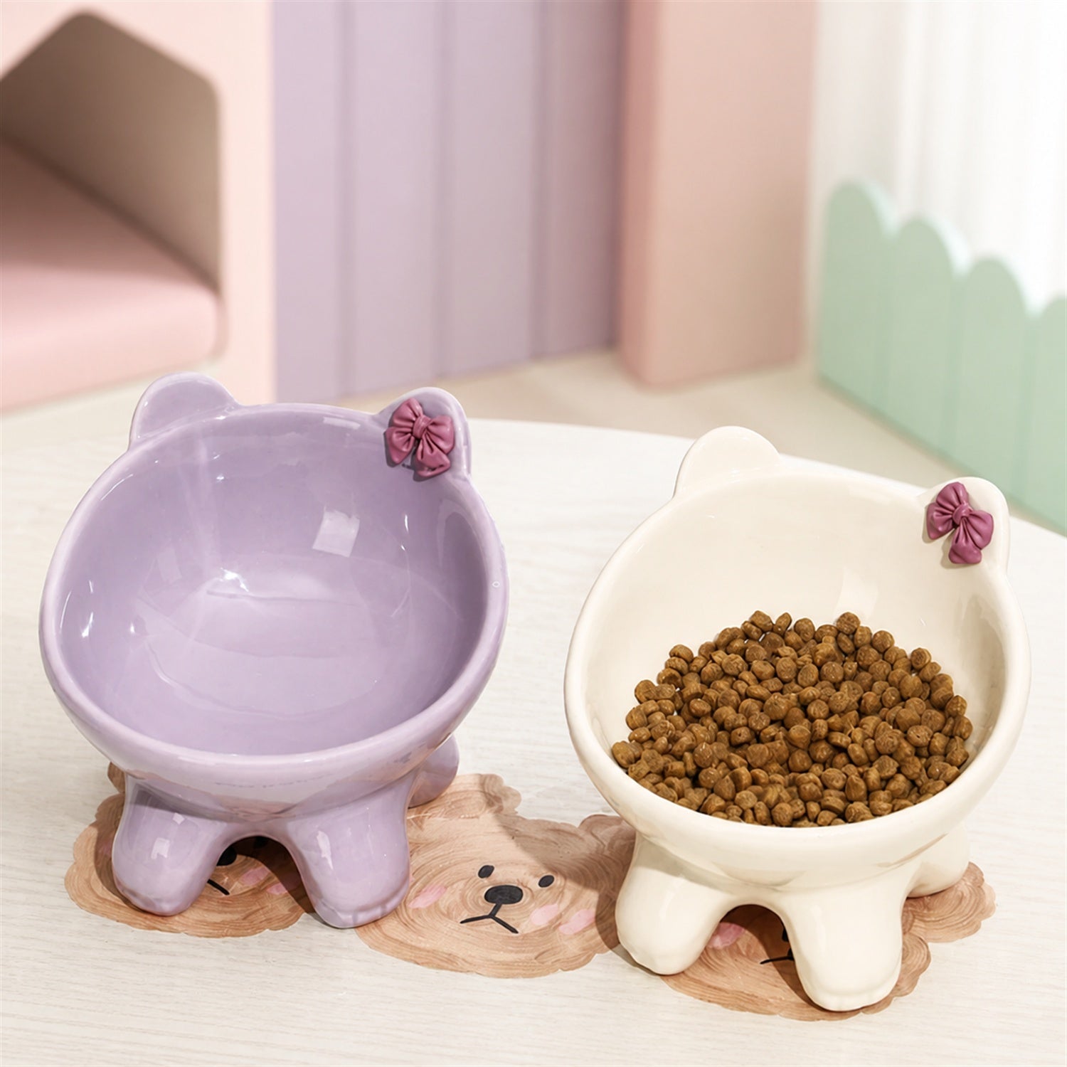 Bow Kitty Raised Ceramic Cat Bowl | 15° Tilted Easy-Clean Feeder