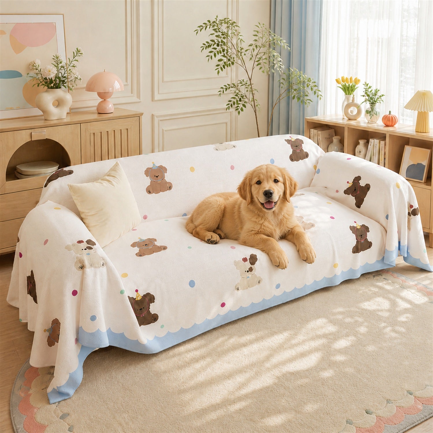 Birthday Puppy Sofa Throw | Linen-Look Fabric | Washable Anti-Pilling Sofa Protector