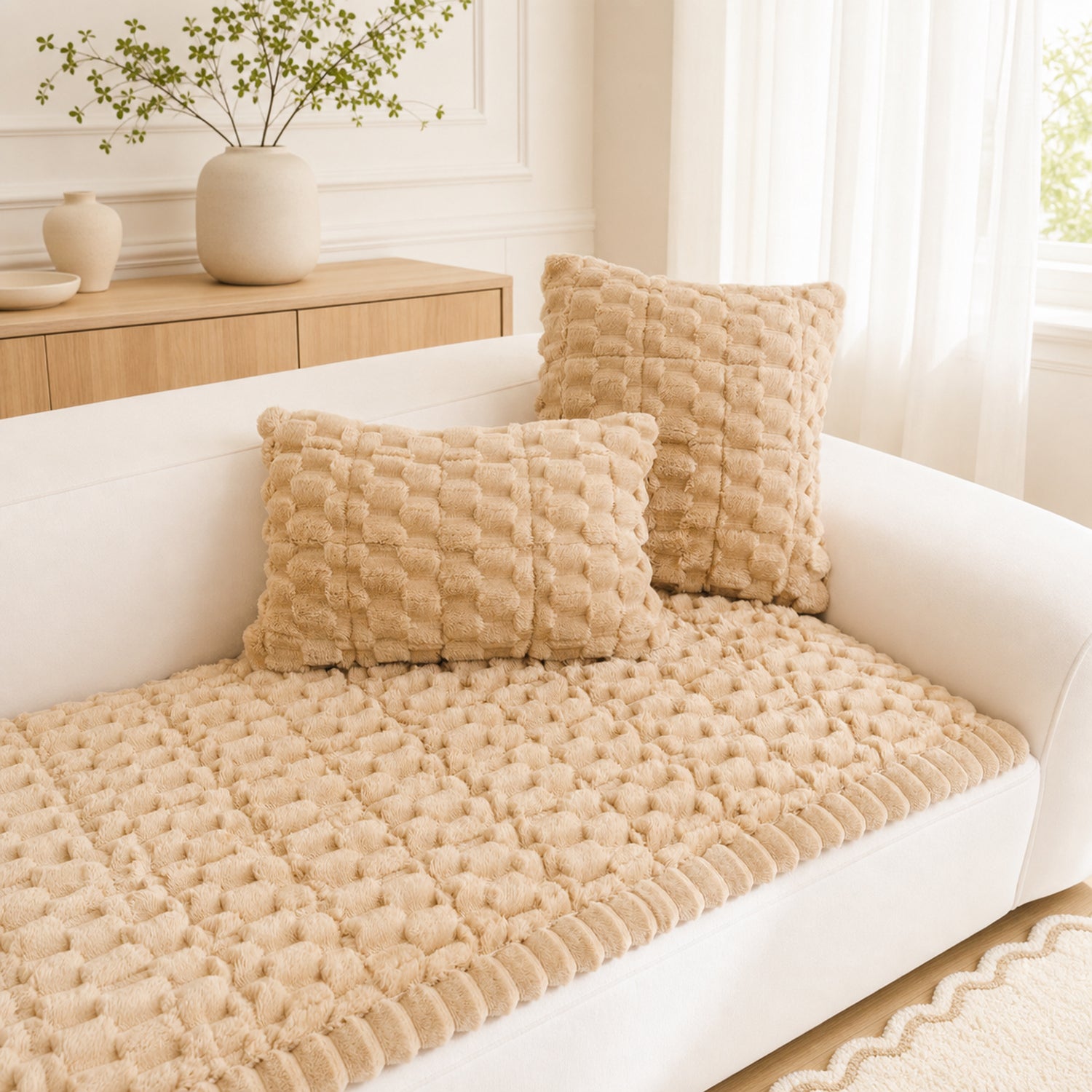 Honeycomb Plush Sofa Protector | Thick Non-Slip Washable Pet-Friendly Cover