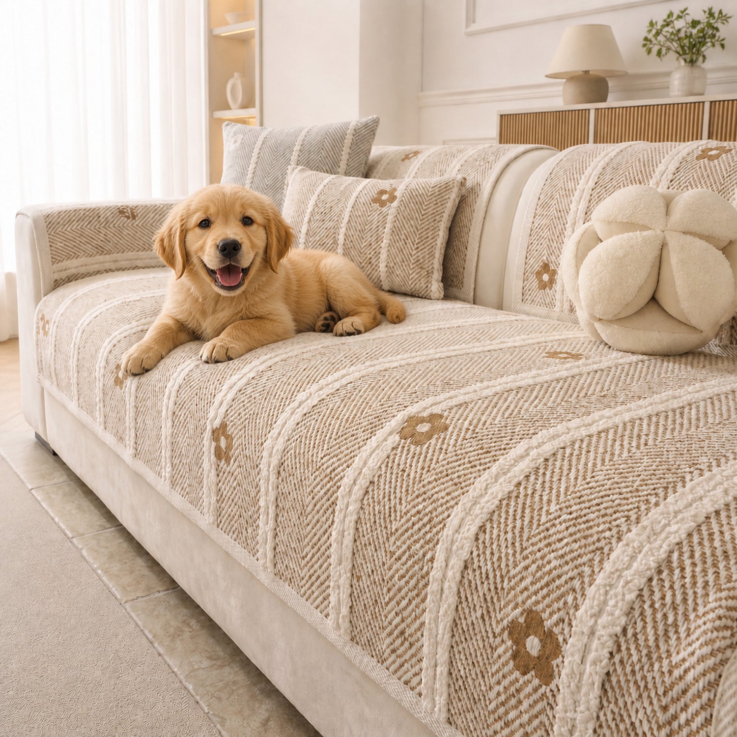 Daisy Stripe Chenille Sofa Protector | Non-Slip Machine-Washable Cover