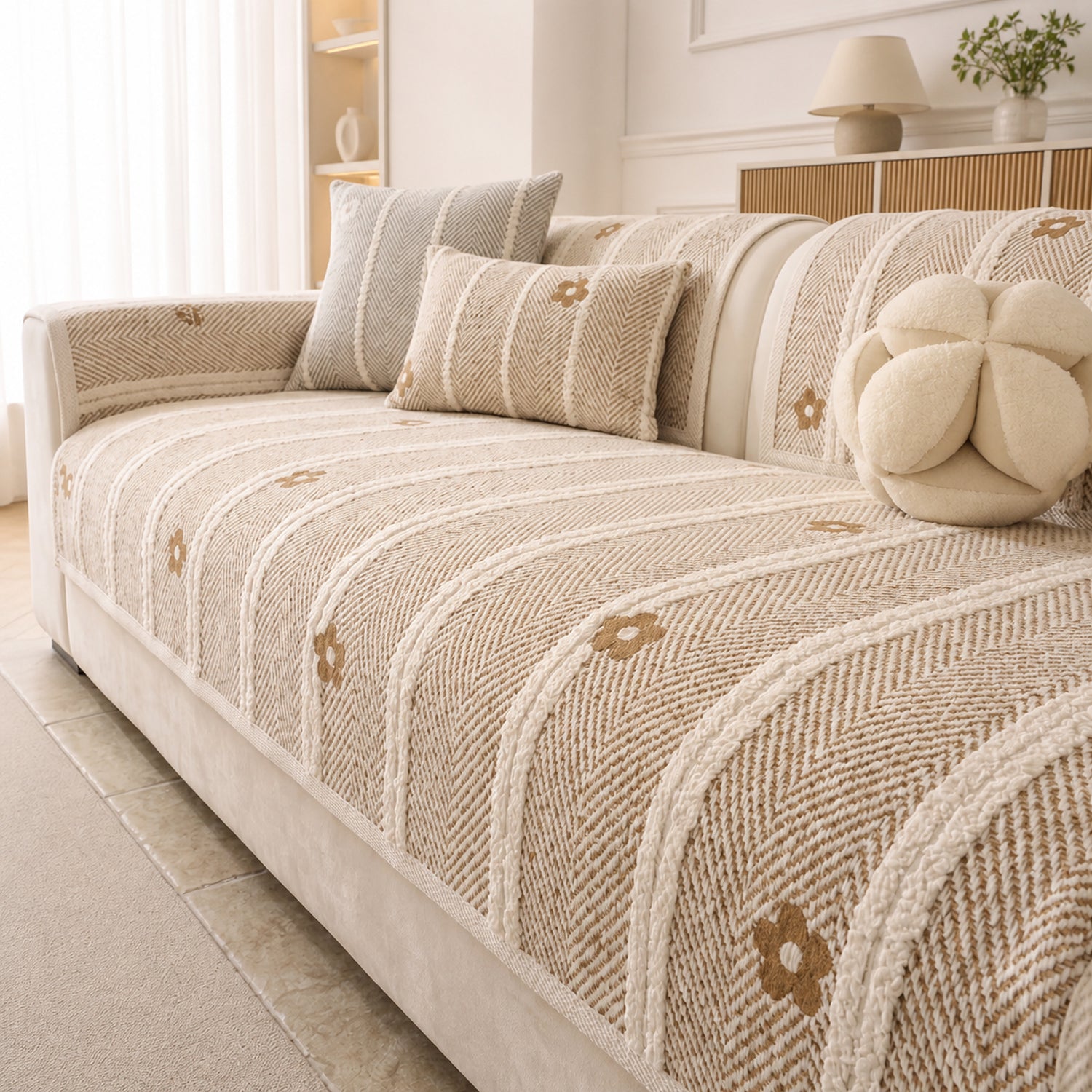 Daisy Stripe Chenille Sofa Protector | Non-Slip Machine-Washable Cover