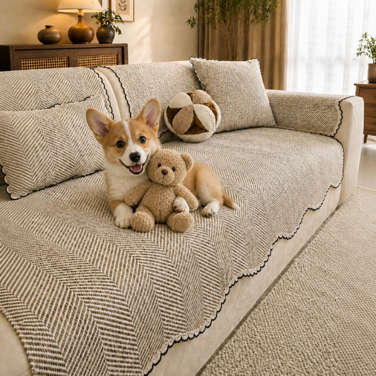 Herringbone Scallop Sofa Cover | Non-Slip Washable | All-Season