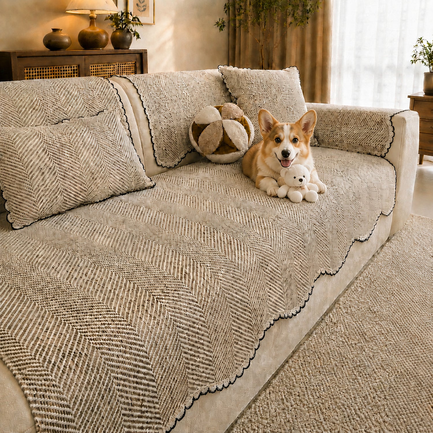 Herringbone Scallop Sofa Cover | Non-Slip Washable | All-Season