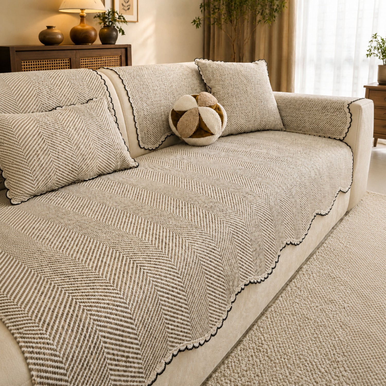 Herringbone Scallop Sofa Cover | Non-Slip Washable | All-Season