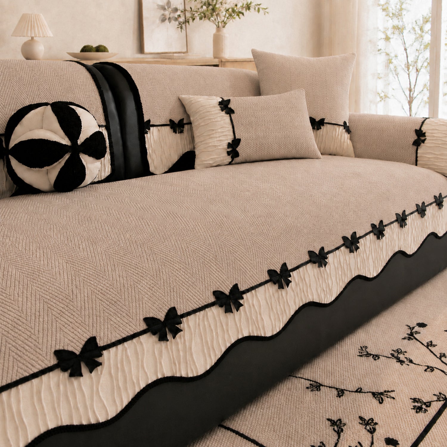 Bow Trim Herringbone Chenille Sofa Cover | Non-Slip Machine-Washable