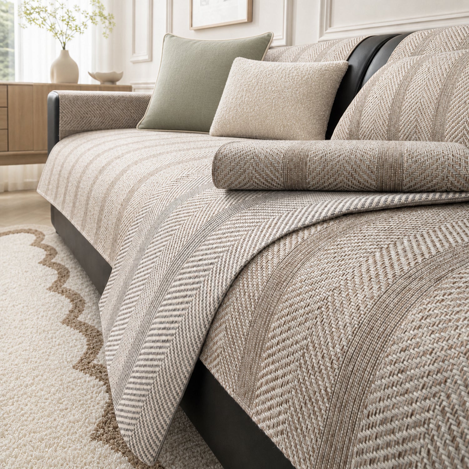 Herringbone Faux Linen Sofa Protector | Breathable Non-Slip Washable Cover