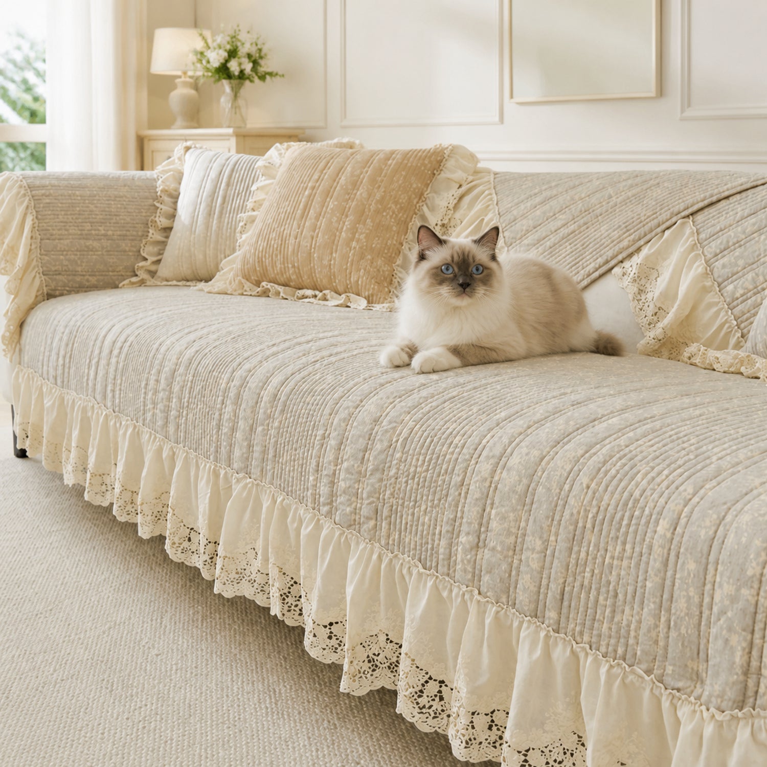 Vintage Lace Sofa Protector | Cotton-Linen Blend | Non-Slip Ruffled Design