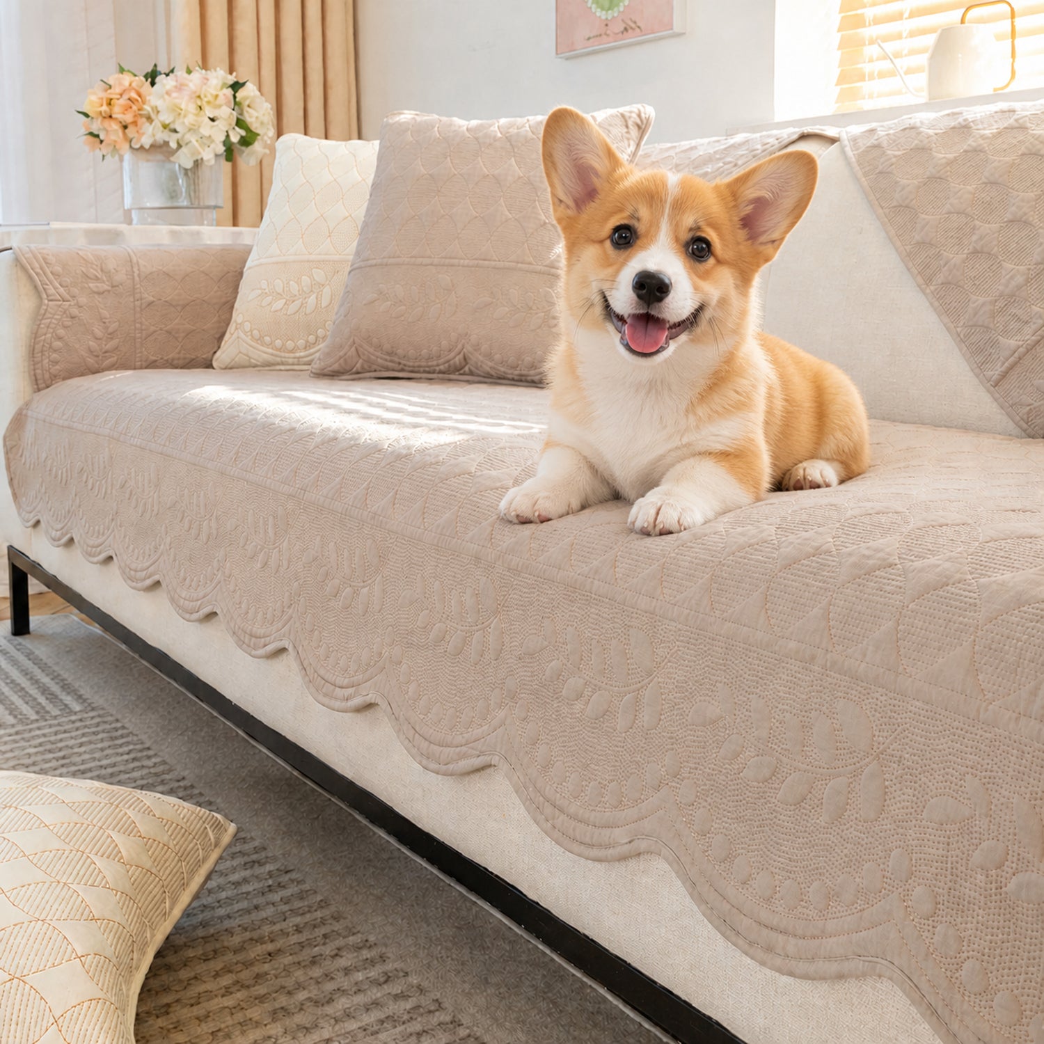 Willow Floral Cotton Sofa Protector | Quilted Non-Slip Washable Cover
