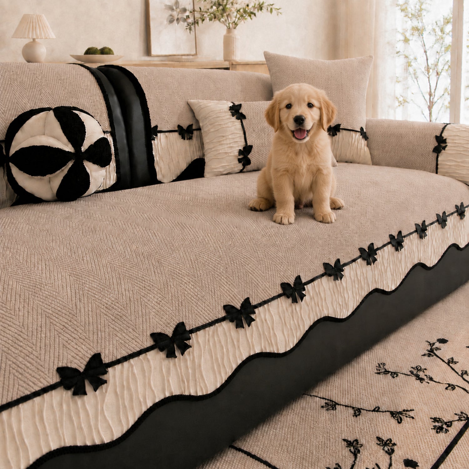 Bow Trim Herringbone Chenille Sofa Cover | Non-Slip Machine-Washable