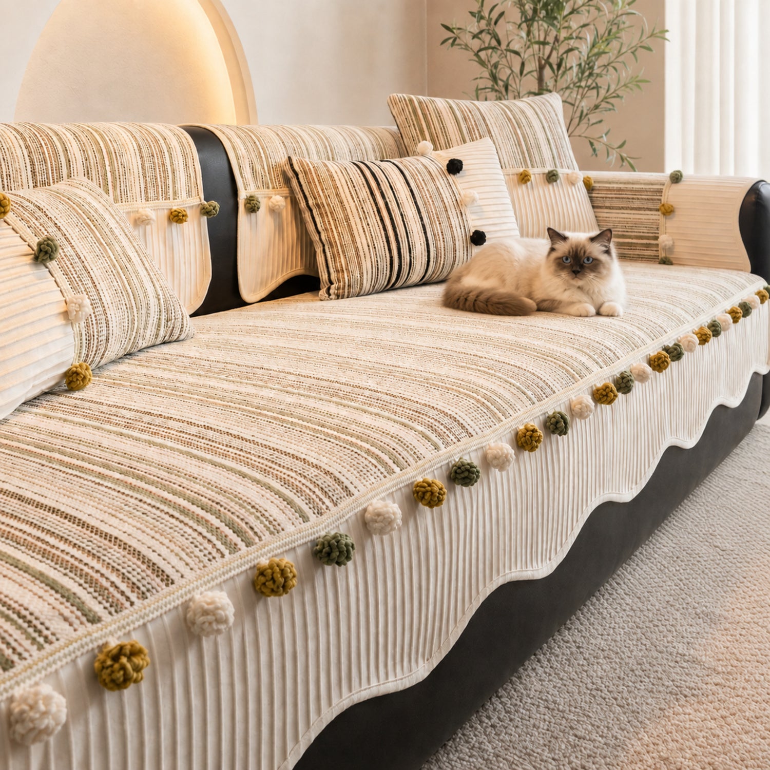 Harvest Bobble Sofa Protector | Striped Chenille | Non-Slip All-Season Cover
