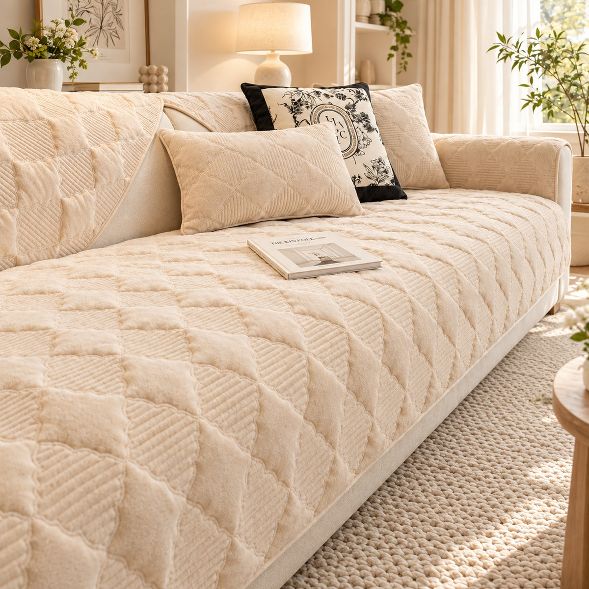 Quilted Sofa Cover | Soft Plush Velvet | Non-Slip, Machine-Washable Sofa Protector