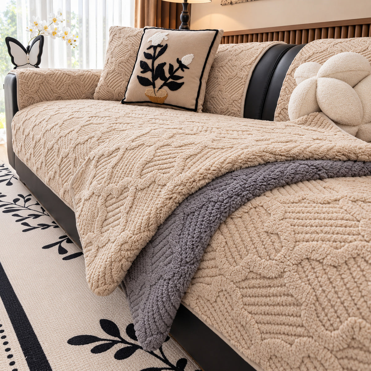 Plush Sofa Cover | Non-Slip Sofa Protector | Sculpted Weave | Machine Washable