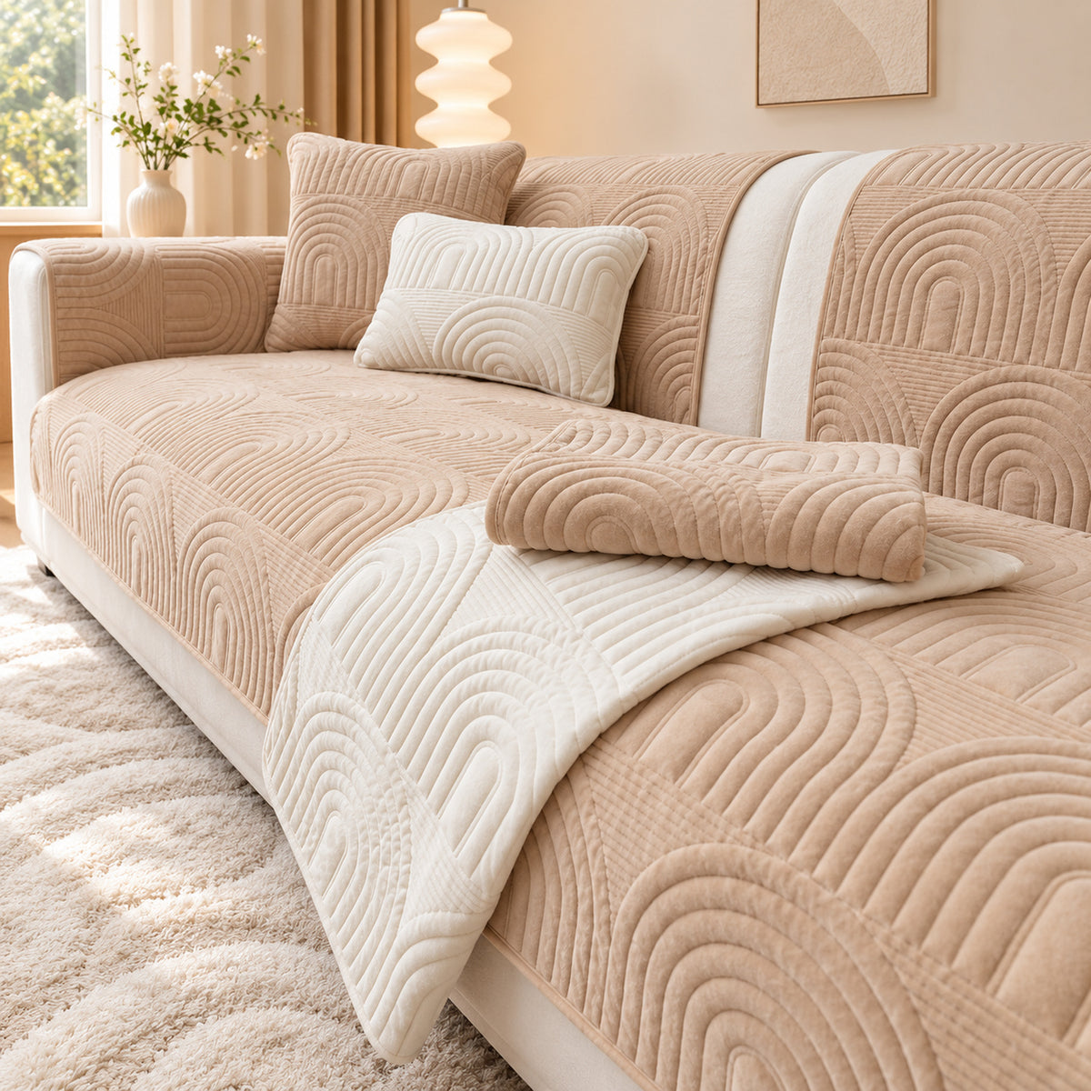 Ripple Arch Sofa Cover | Quilted Velour | Non-Slip Sofa Protector