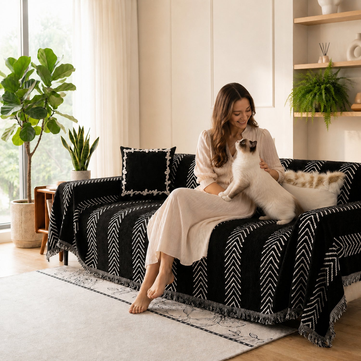 Sofa Throw | Chenille Pet Proof Couch Blanket | Non-Slip Herringbone | Washable | Dog & Cat Friendly