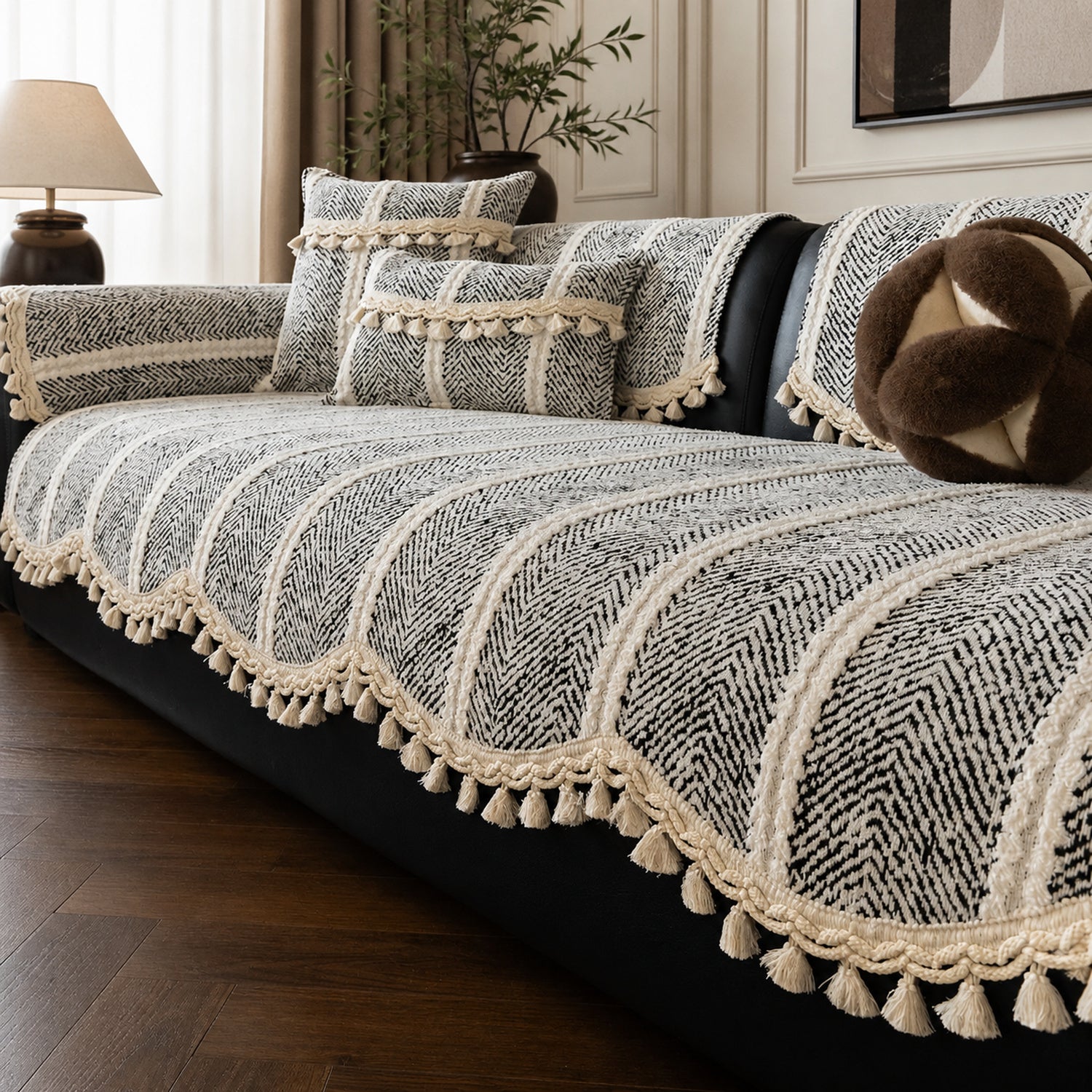Herringbone Chenille Sofa Protector | Non-Slip Tassel Cover | Machine Washable