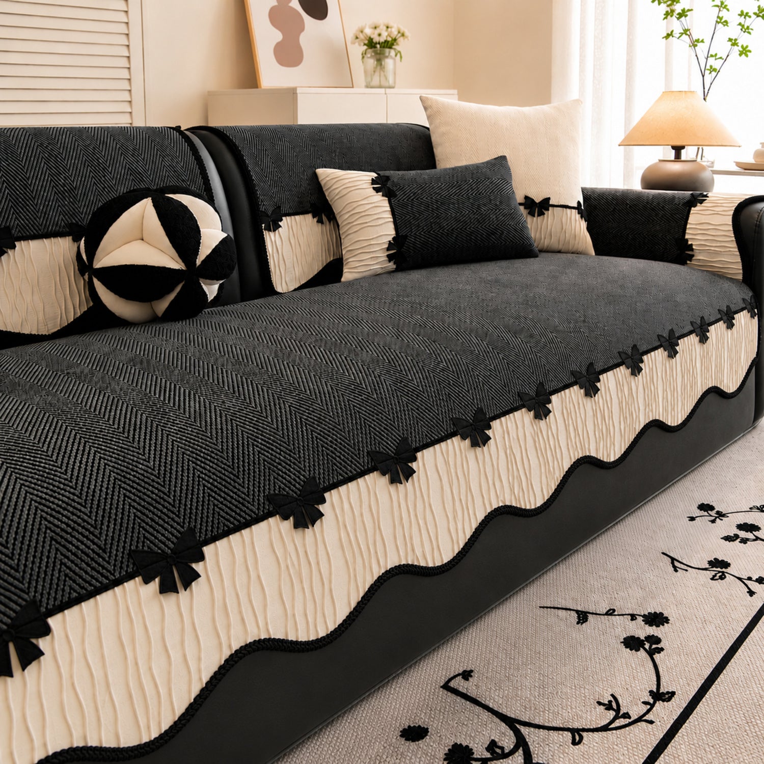 Bow Trim Herringbone Chenille Sofa Cover | Non-Slip Machine-Washable