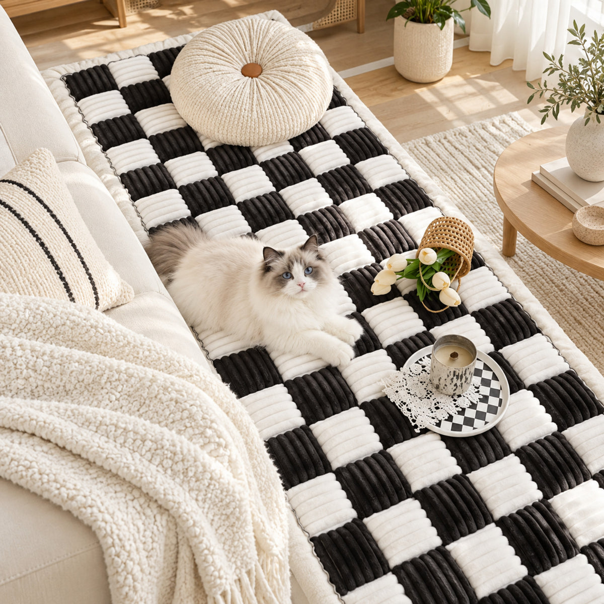 Checkerboard Sofa Cover | Non-Slip Sofa Protector | Ribbed Chenille with Soft Padding