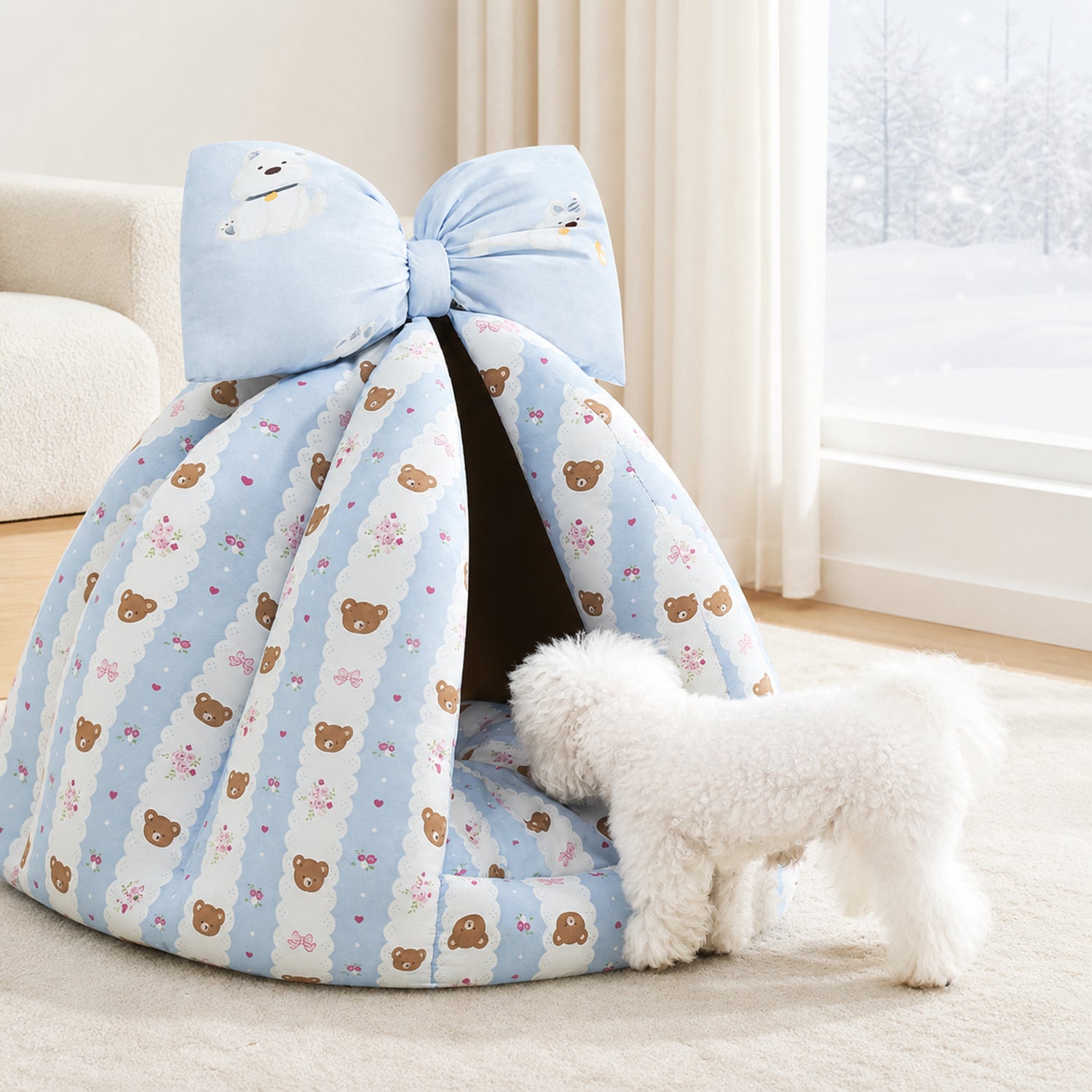 Bow Pet Tent Bed | Cotton Blend | Washable Hideaway for Cats & Small Dogs