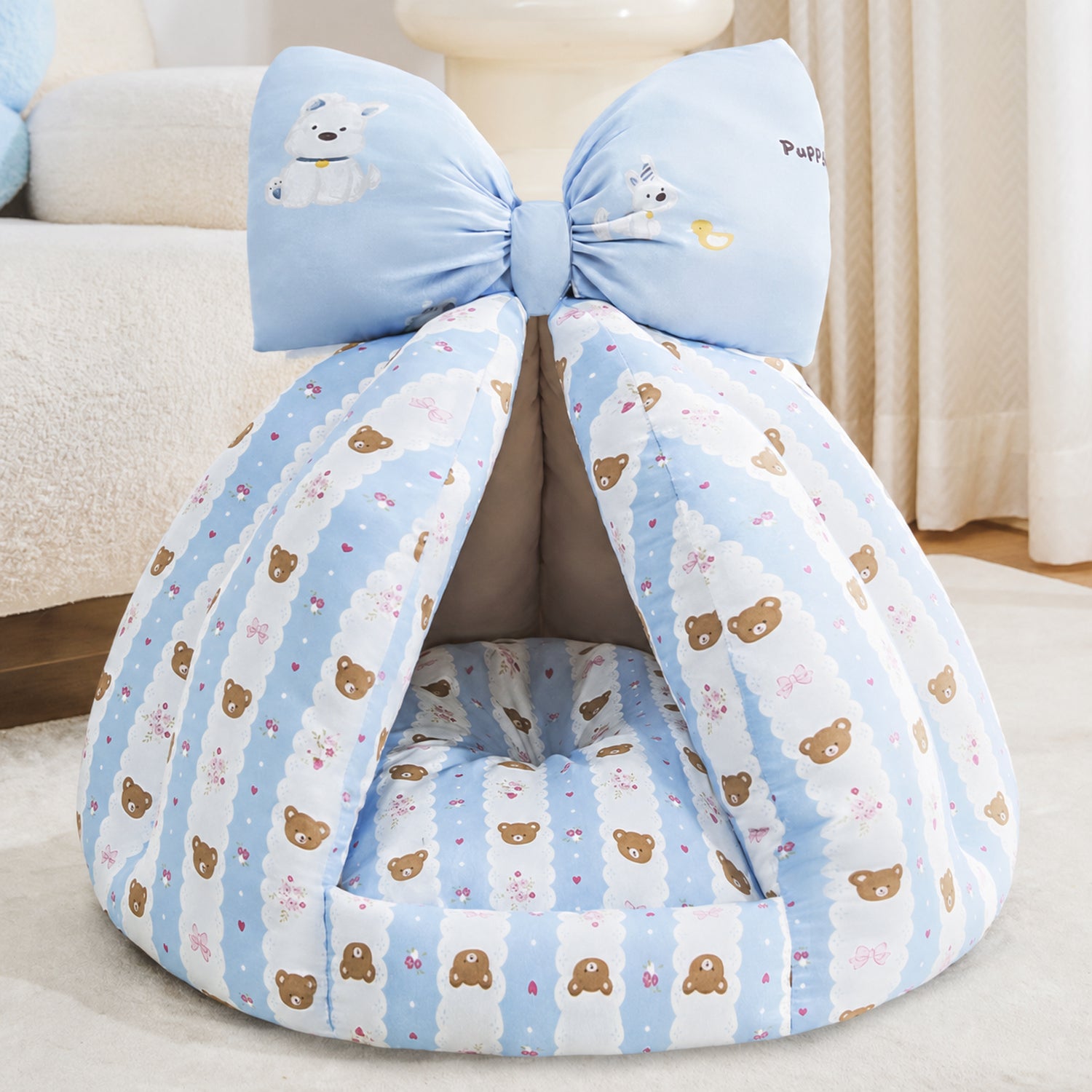 Bow Pet Tent Bed | Cotton Blend | Washable Hideaway for Cats & Small Dogs