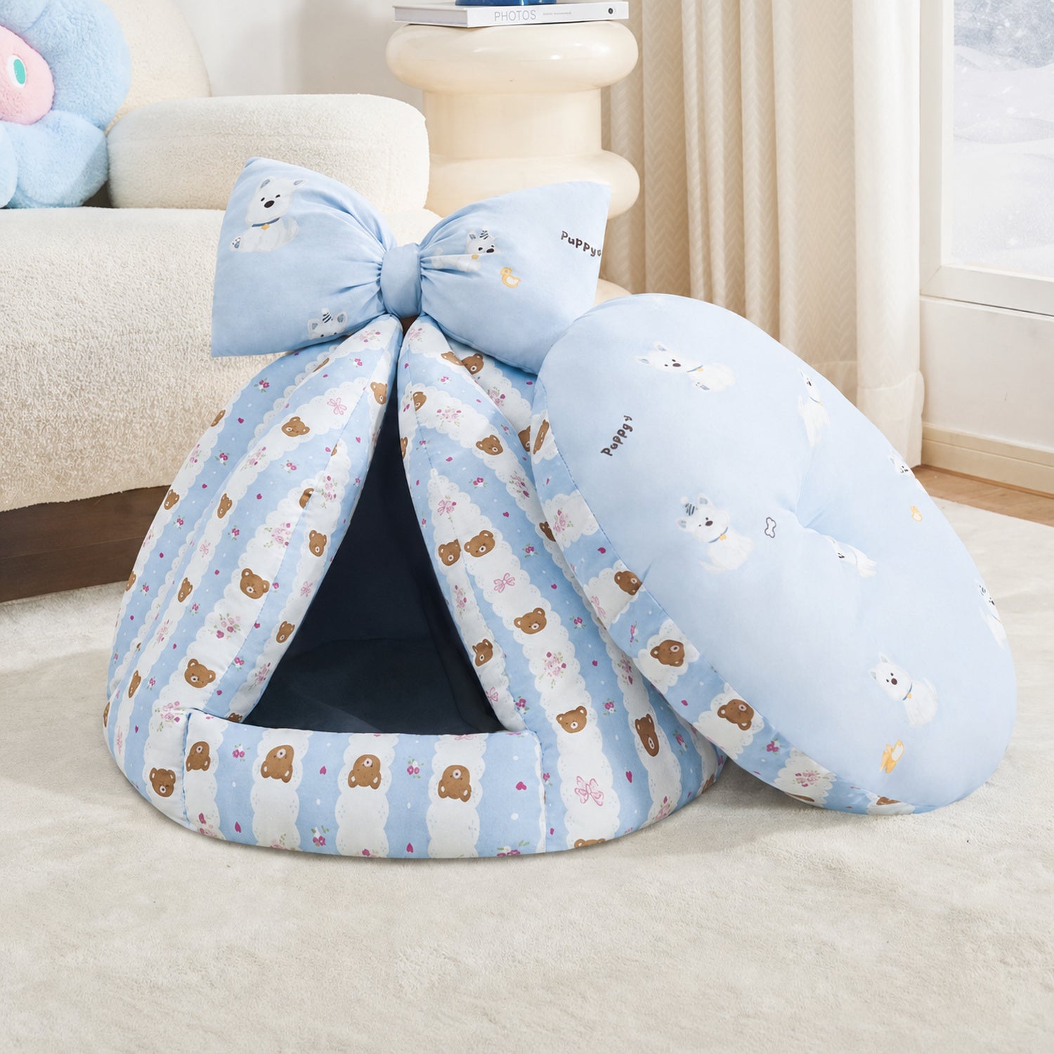 Bow Pet Tent Bed | Cotton Blend | Washable Hideaway for Cats & Small Dogs