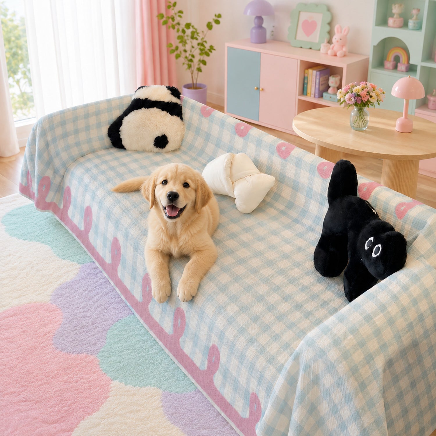 Pastel Gingham Waffle Sofa Throw | Non-Slip All-Season Sofa Protector