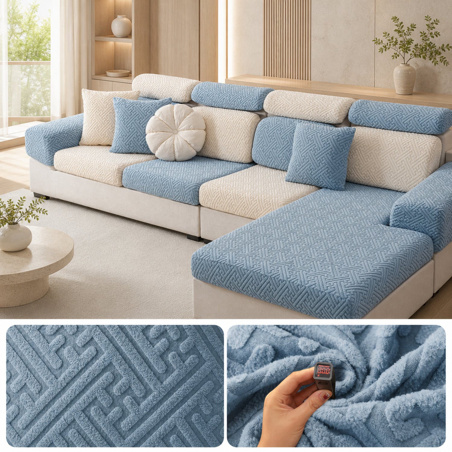 Modern Maze | Stretch Sofa Cushion Covers | Embossed Plush | Washable Sofa Protector