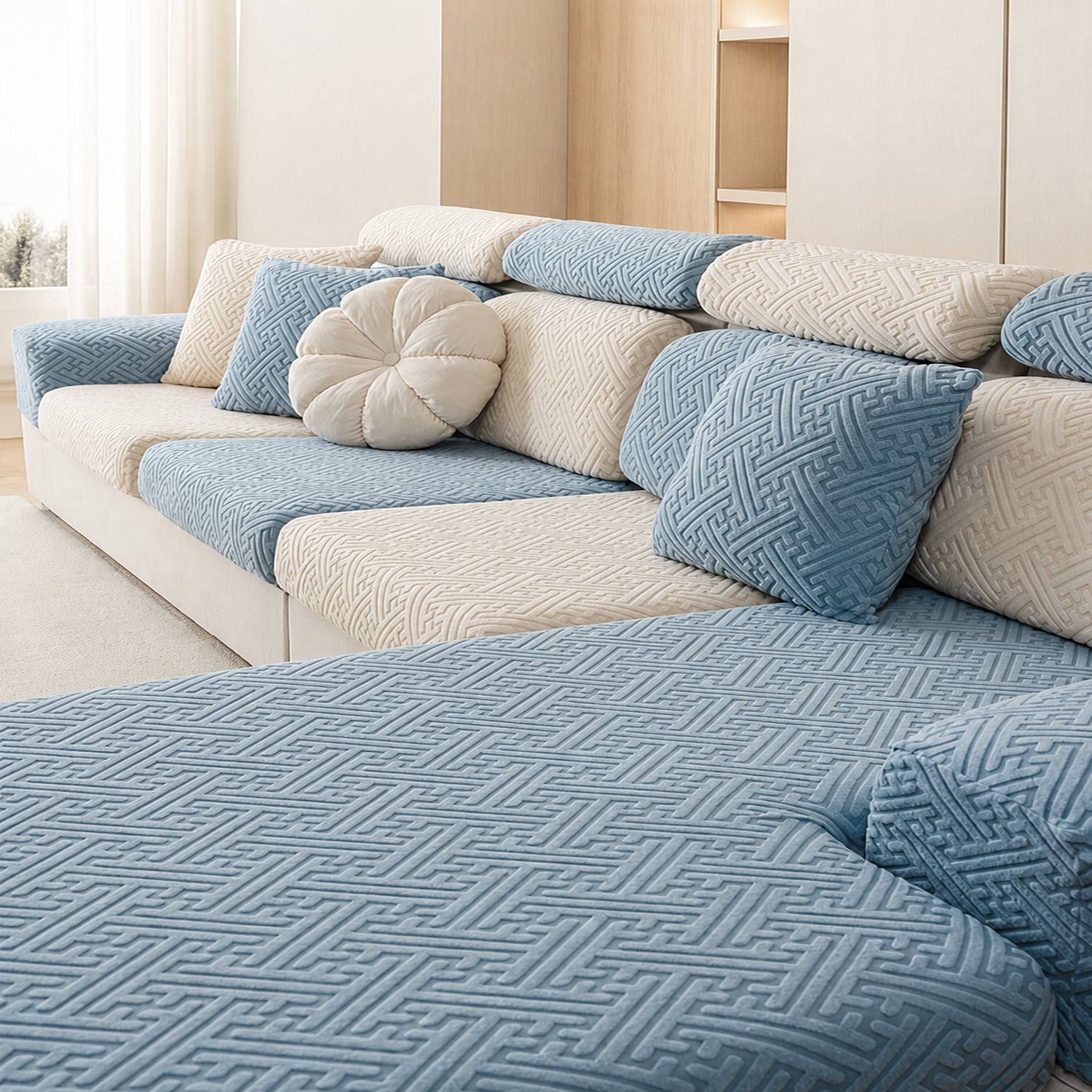 Modern Maze | Stretch Sofa Cushion Covers | Embossed Plush | Washable Sofa Protector