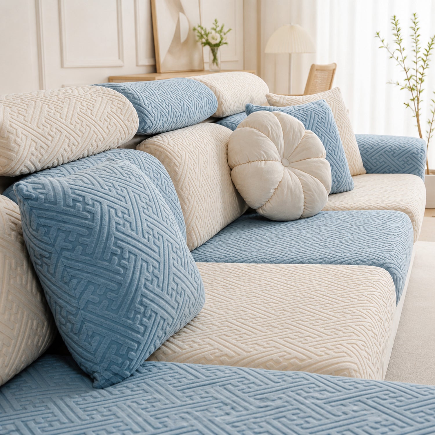 Modern Maze | Stretch Sofa Cushion Covers | Embossed Plush | Washable Sofa Protector