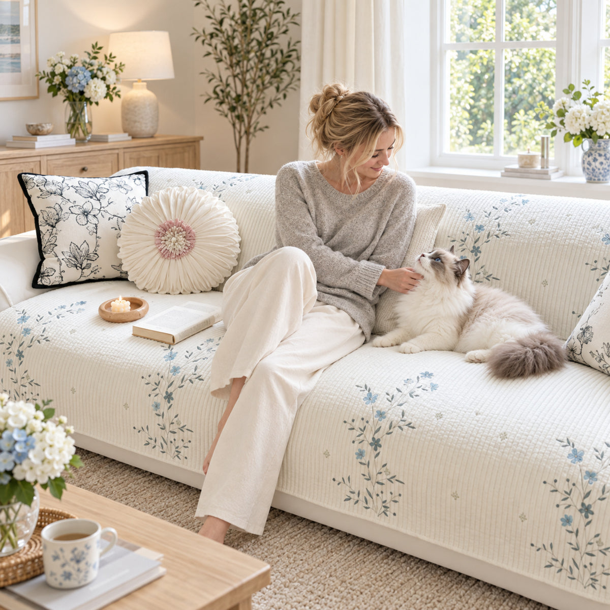 Dainty Meadow Cotton Sofa Cover | Embroidered, Non-Slip & Machine Washable