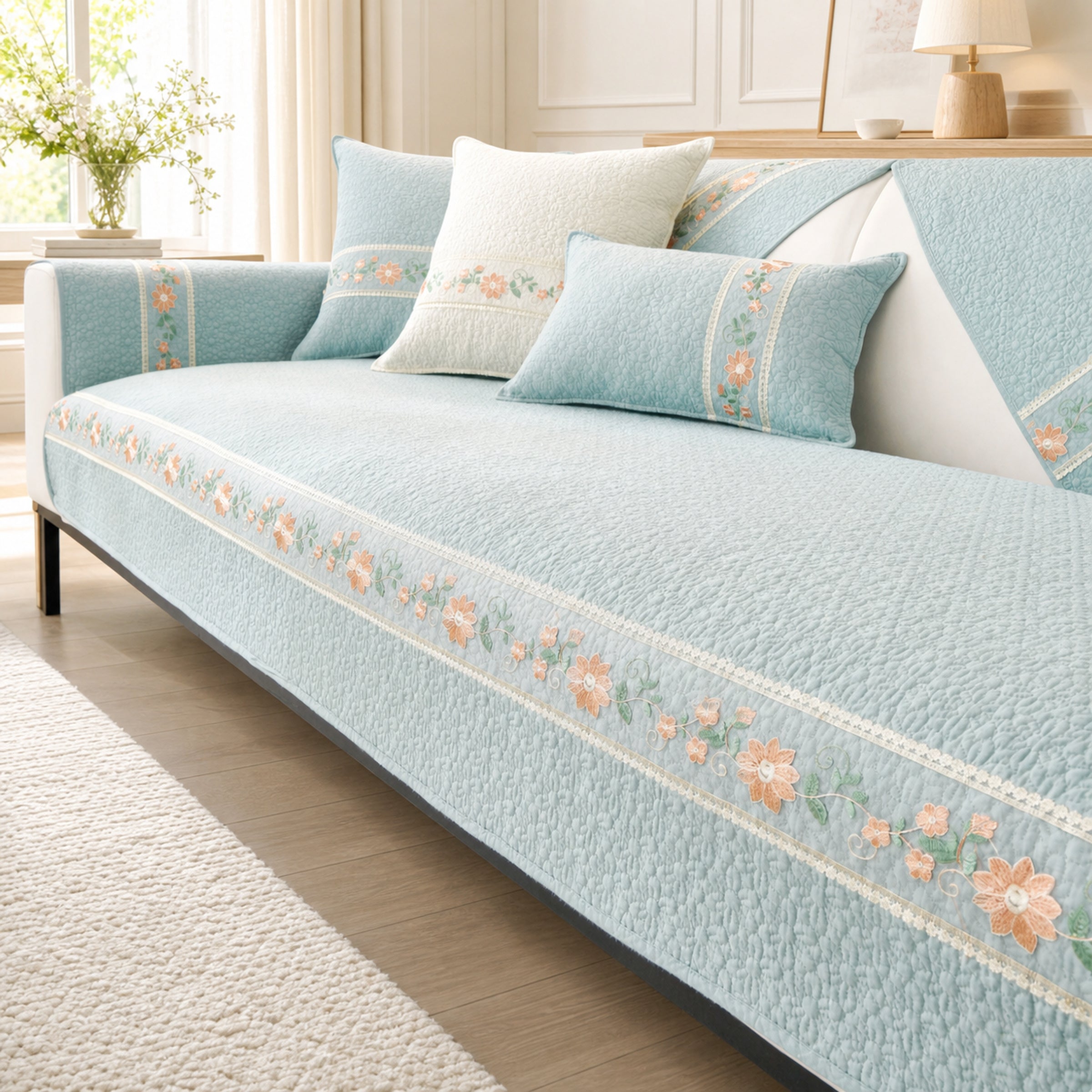 Floral Garden Sofa Cover | Breathable Cotton |  All-Season Anti-Slip Couch Protector