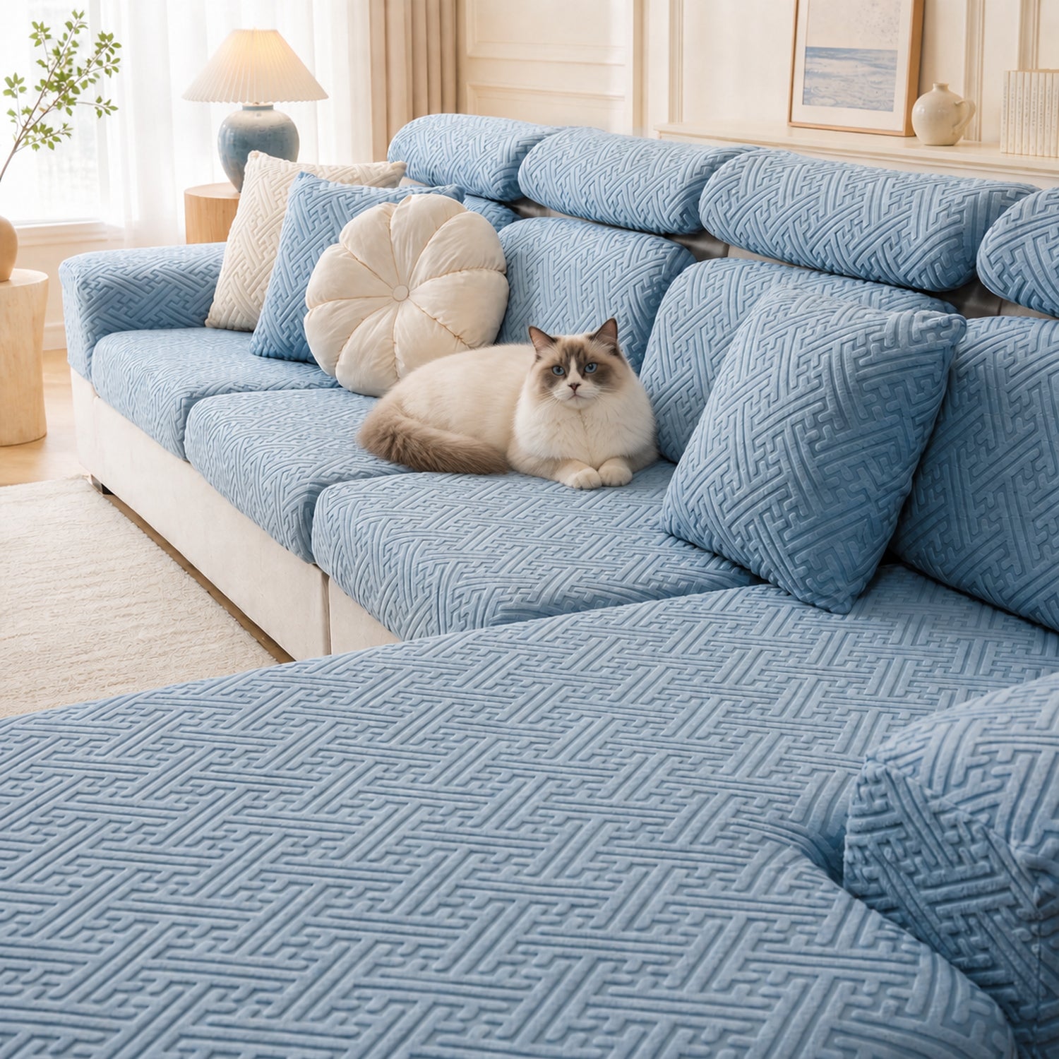 Modern Maze | Stretch Sofa Cushion Covers | Embossed Plush | Washable Sofa Protector