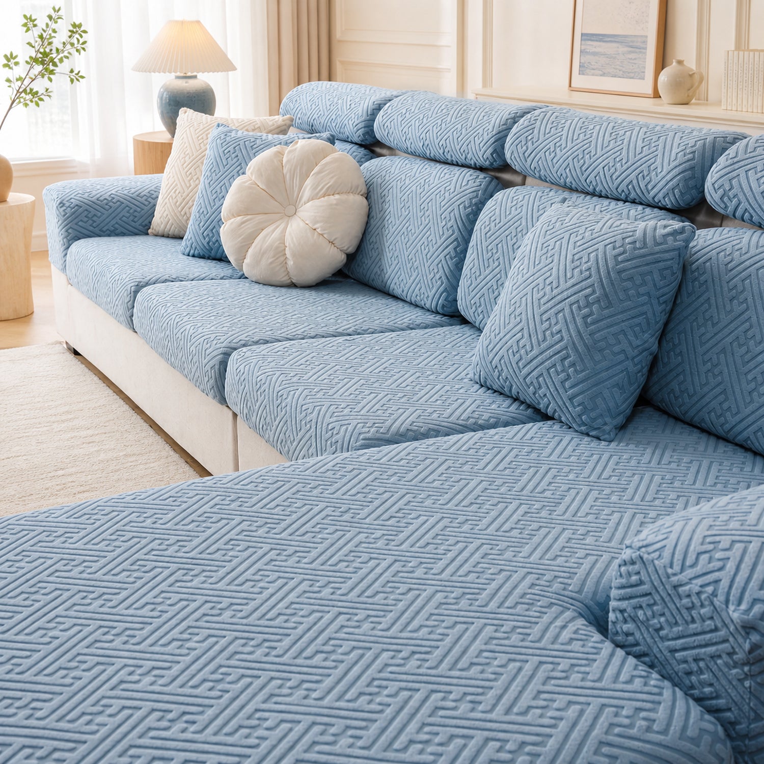 Modern Maze | Stretch Sofa Cushion Covers | Embossed Plush | Washable Sofa Protector